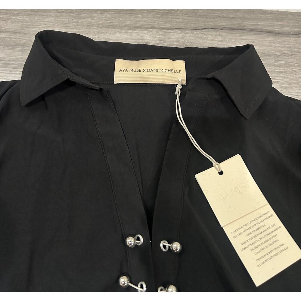 Aya Muse x Dani Michelle Black Ruched Blouse Long Sleeve Size L Minimalist Chic